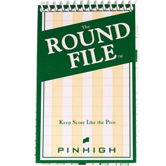 Pinhigh round file with green cover and yellow scorecard inside on a white background