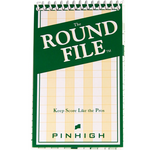 Pinhigh round file with green cover and yellow scorecard inside on a white background