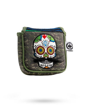 Pins And Aces Golf Mustache Sugar Skull - Mallet Putter Cover Green Camo