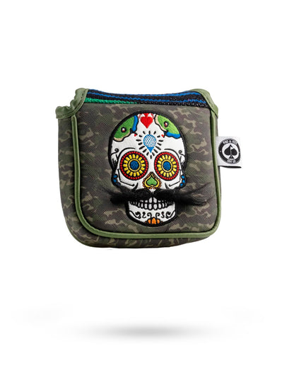 Pins And Aces Golf Mustache Sugar Skull - Mallet Putter Cover Green Camo