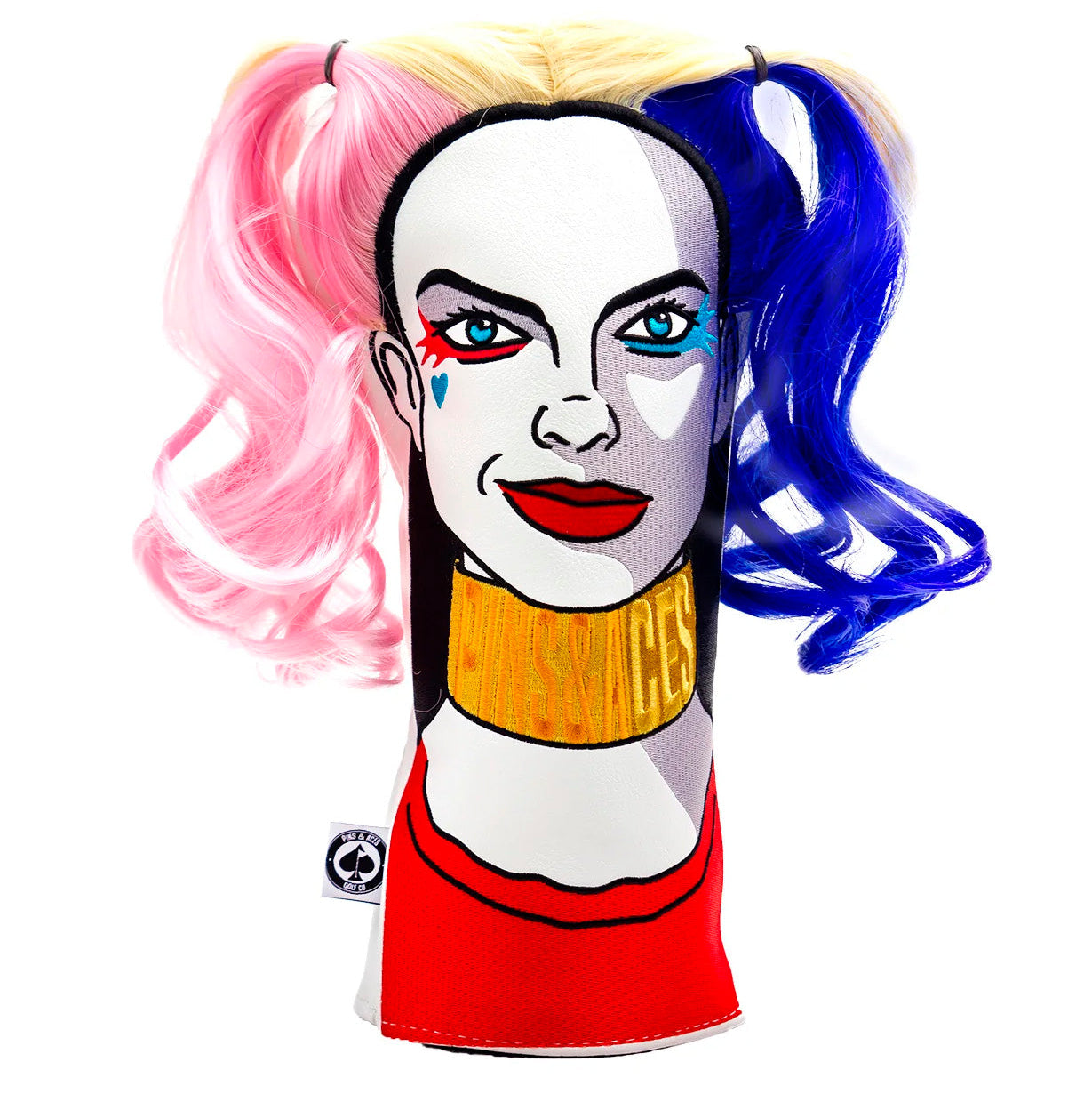Harley Quinn character headband with colorful hair and red outfit on a white background