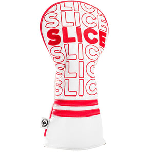 Golf club head cover with 'SLICE' text on a white background