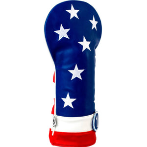 Golf club head cover with American flag design on a white background