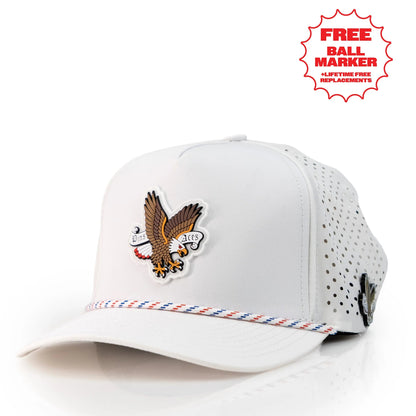 Pins And Aces Freedom Eagle Perforated Rope Hat With Ball Marker - White