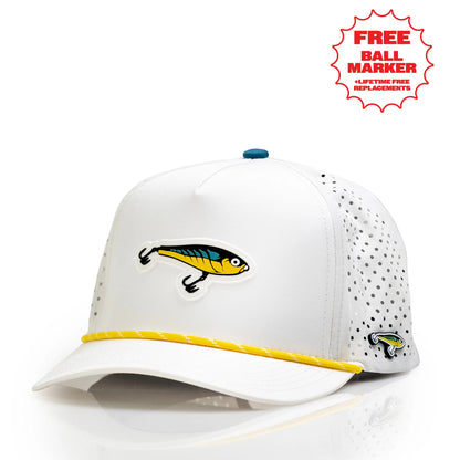 Pins And Aces Fishing Lure Perforated Rope Hat With Ball Marker - White