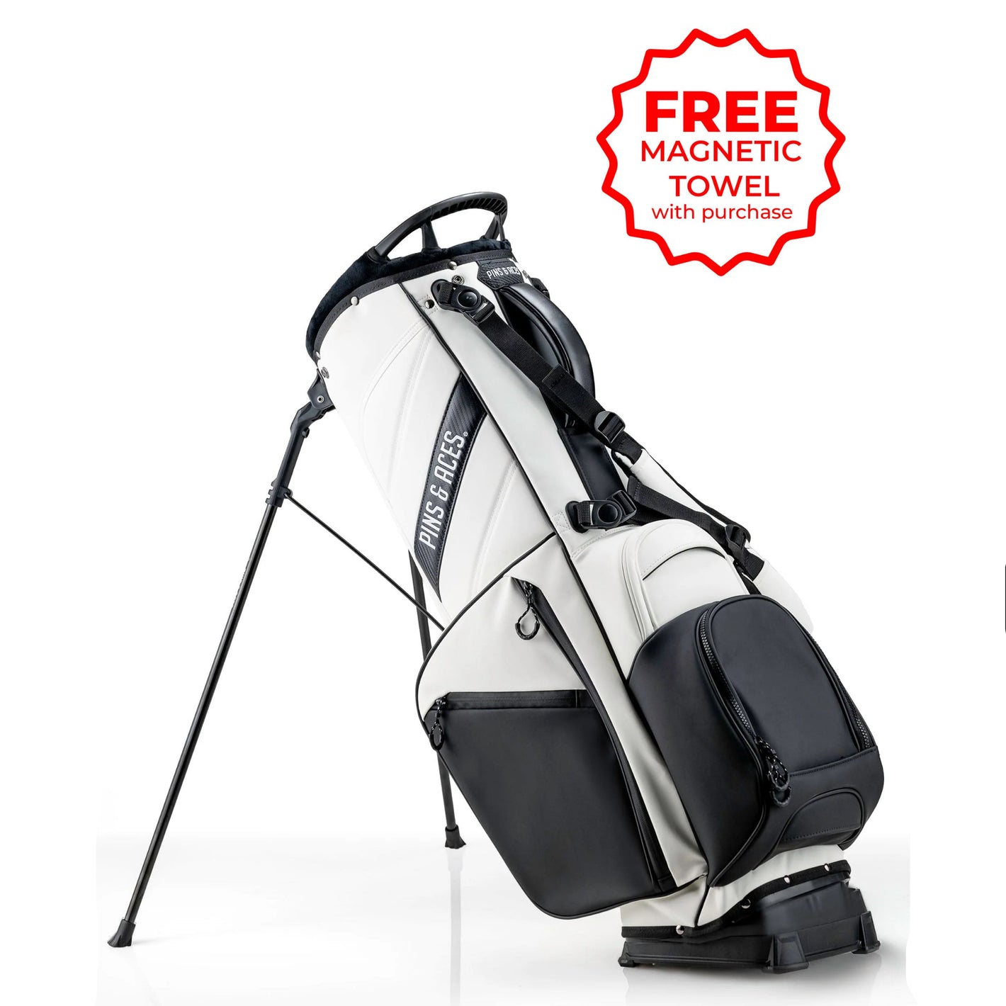 White and black golf bag with a free magnetic towel offer on a white background