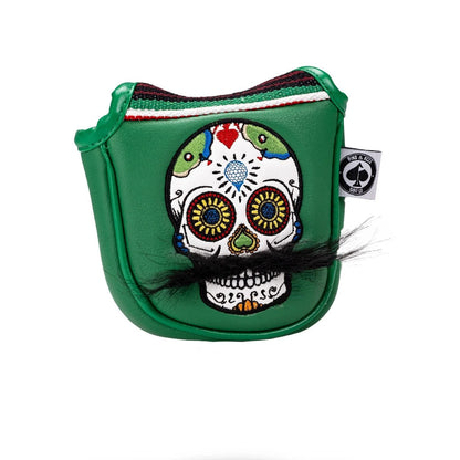 Pins And Aces Golf Mustache Sugar Skull - Mallet Putter Cover Green