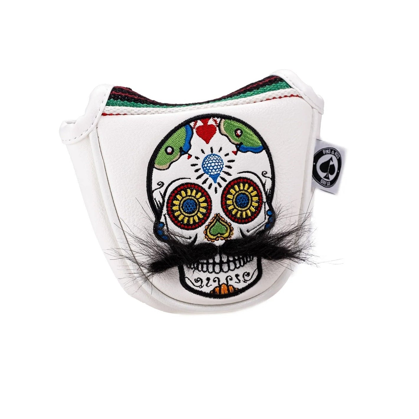 Pins And Aces Golf Mustache Sugar Skull - Mallet Putter Cover White