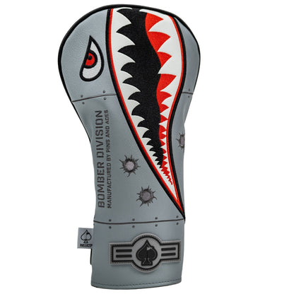 Golf club head cover with shark design on a white background