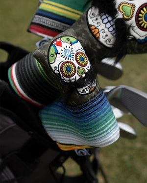 Pins And Aces Golf Mustache Sugar Skull - Blade Putter Cover Green Camo