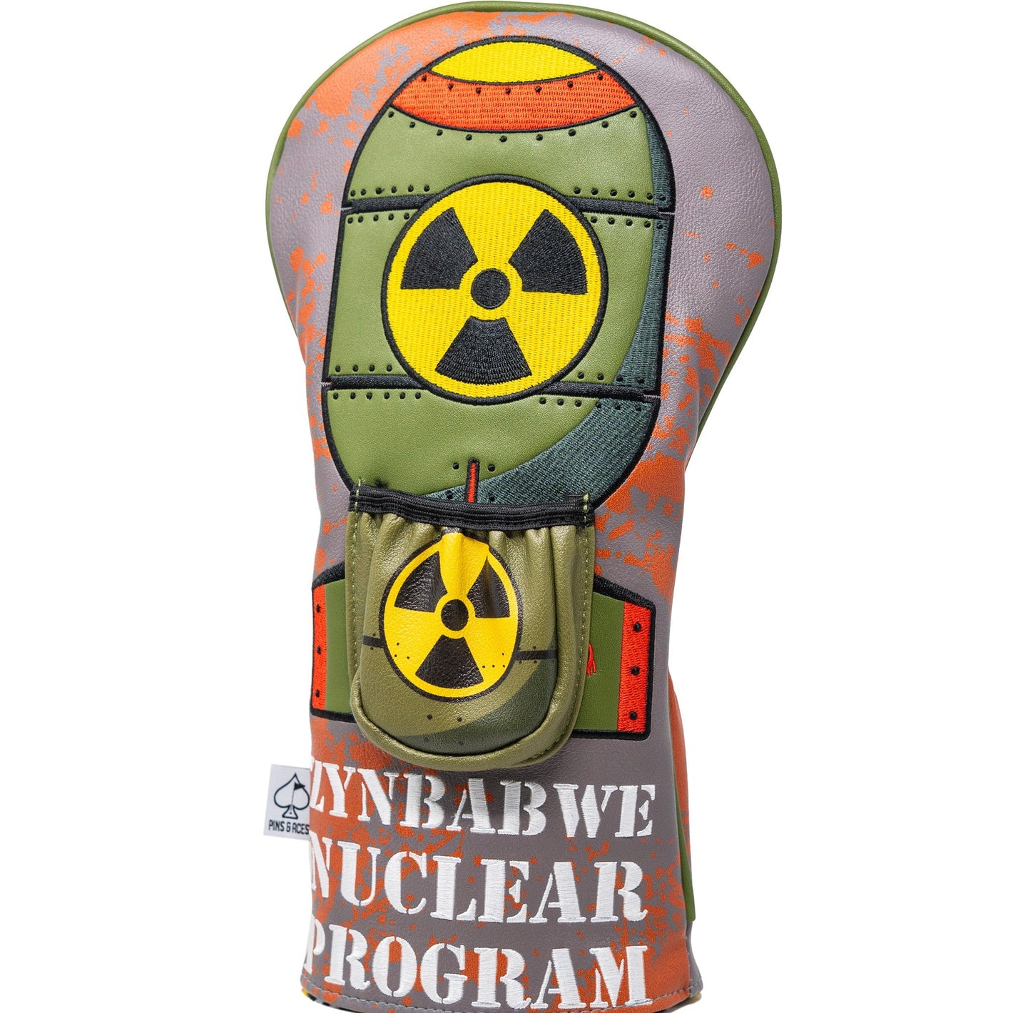 Golf club head cover with nuclear symbol design on a white background