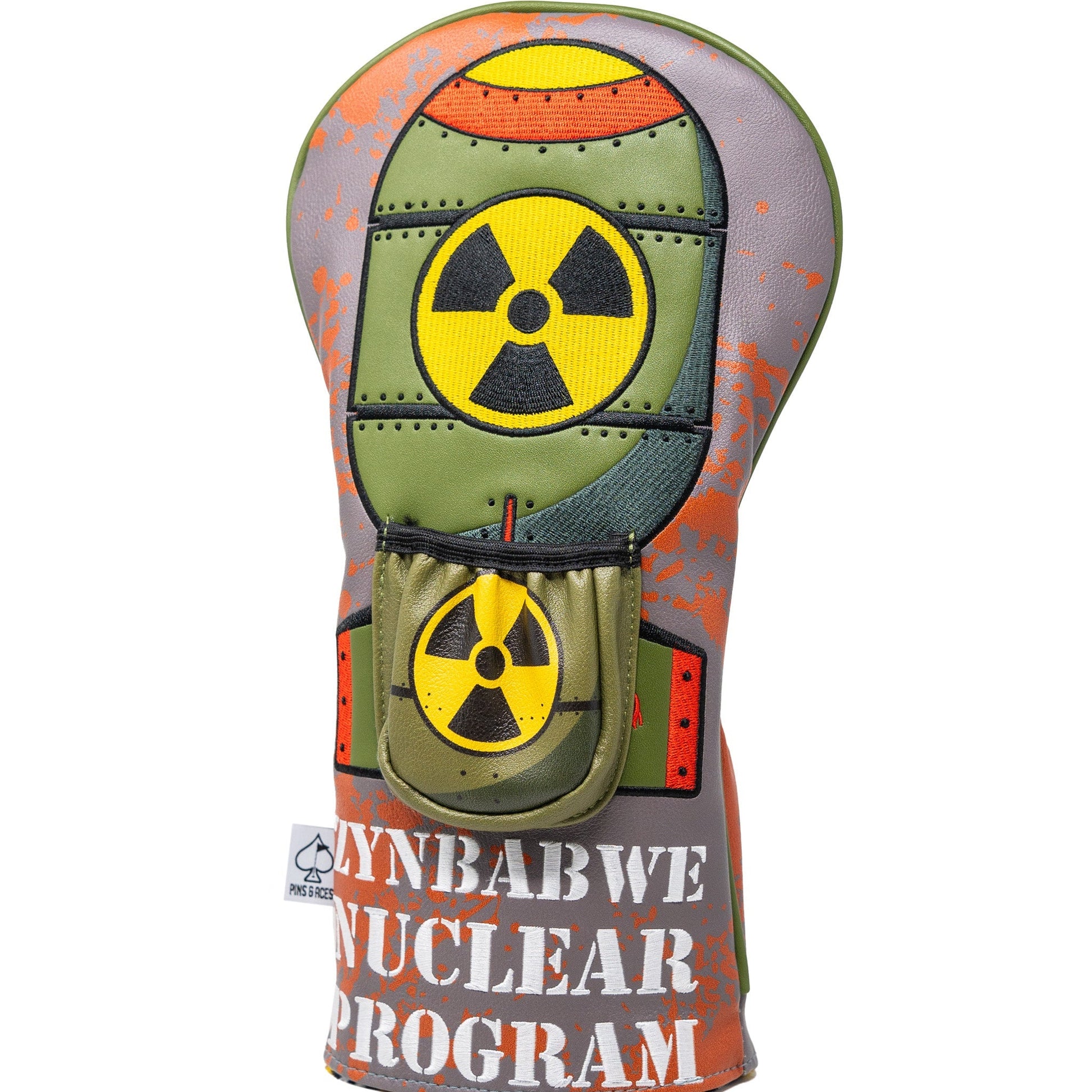 Golf club head cover with nuclear symbol design on a white background