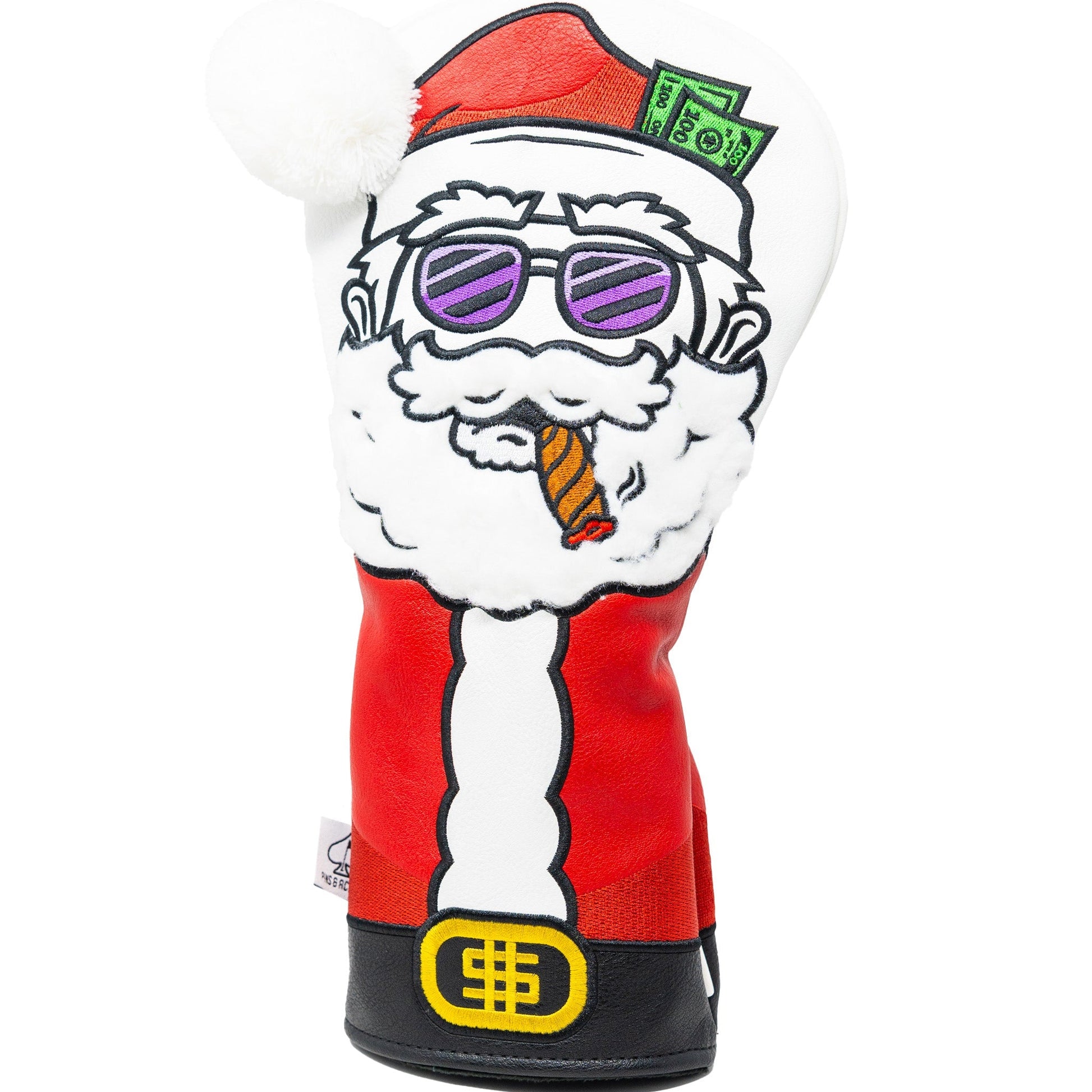 Golf club head cover with a cartoon Santa Claus design on a white background