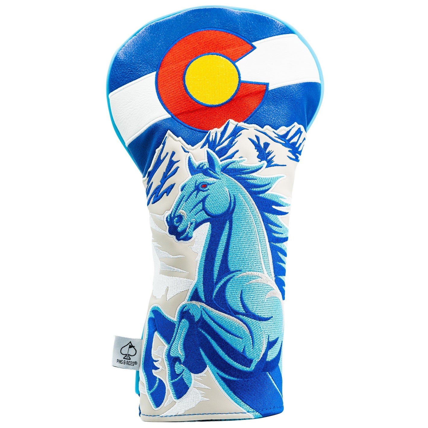 Golf club head cover with Colorado flag and horse design on a white background