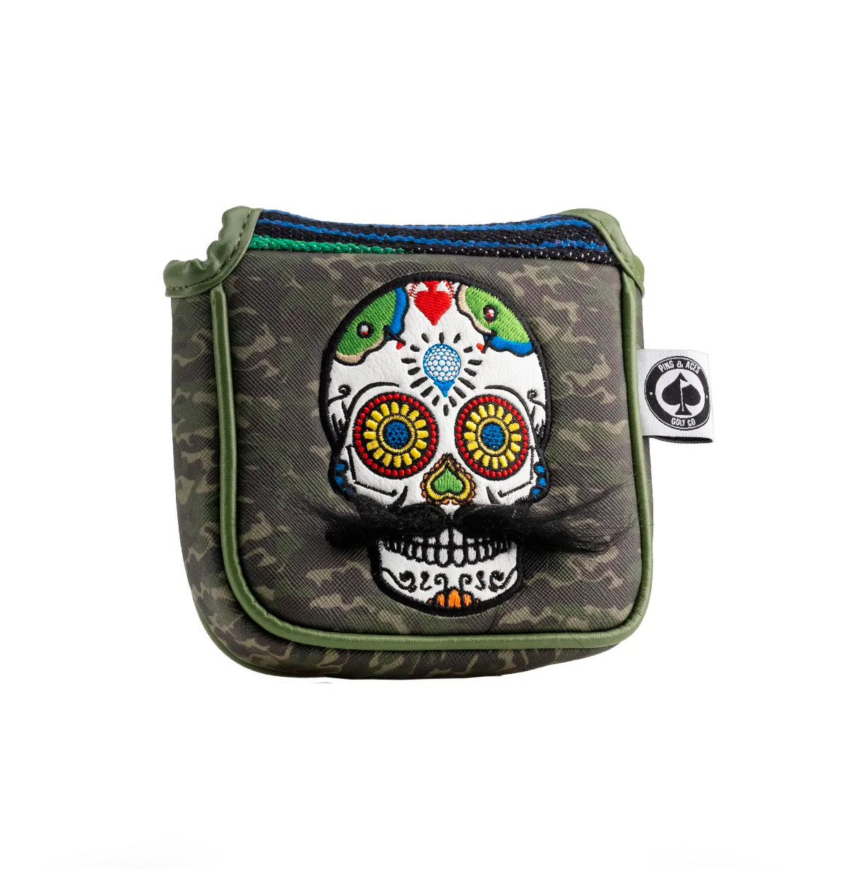 Pins And Aces Golf Mustache Sugar Skull - Mallet Putter Cover Green Camo