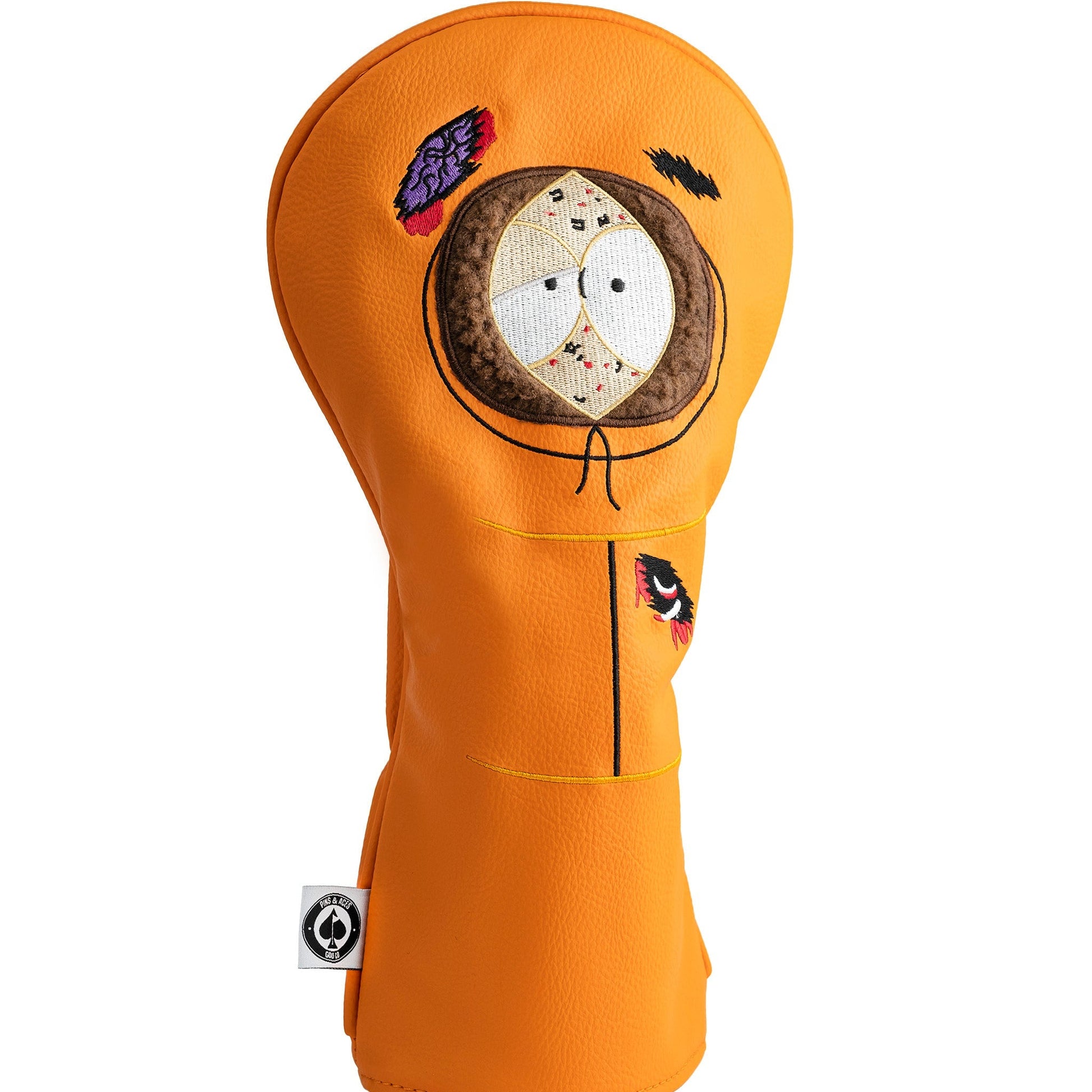 Orange golf club head cover with cartoon design on a white background