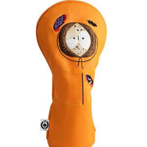 Orange golf club head cover with cartoon design on a white background