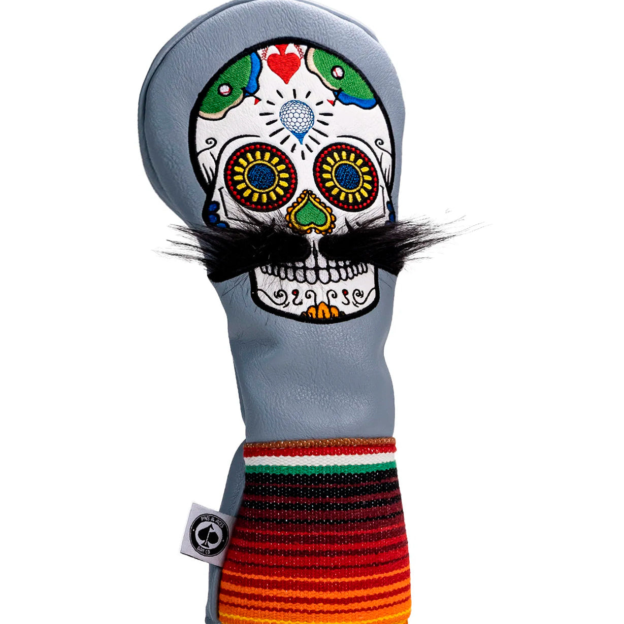 Pins And Aces Golf Mustache Sugar Skull - Fairway Cover Gray