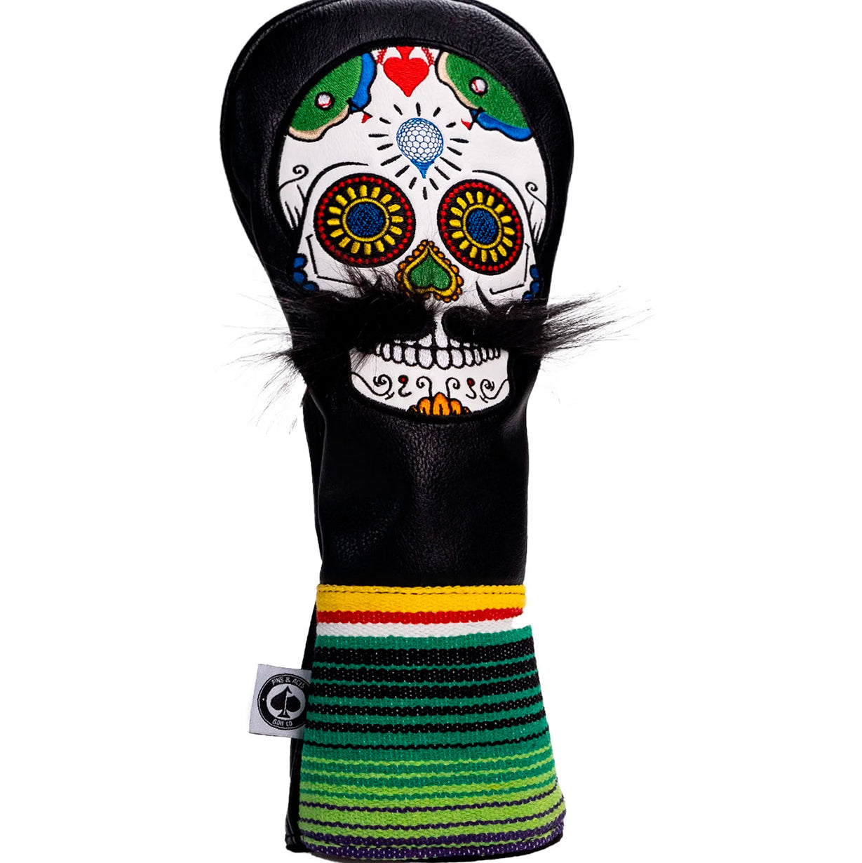 Pins And Aces Golf Mustache Sugar Skull - Driver Cover Black