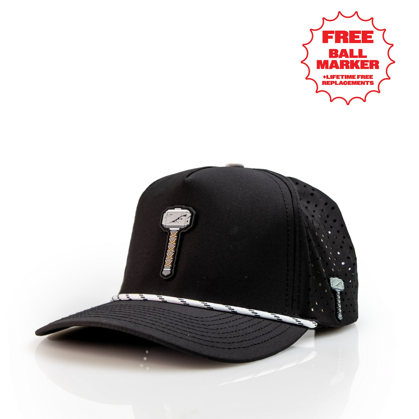 Pins And Aces Thor's Hammer Perforated Rope Hat With Ball Marker - Black