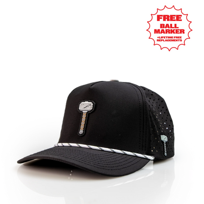 Pins And Aces Thor's Hammer Perforated Rope Hat With Ball Marker - Black